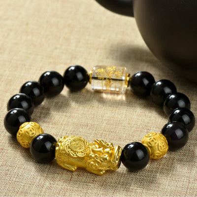 FREE Today: Positive and Wealth Fengshui Copper Pixiu Rainbow Obsidian Beads Bracelet - Copper Coins & Fortune & Brass Pixiu(Wrist circumference:18-19cm) - image 1