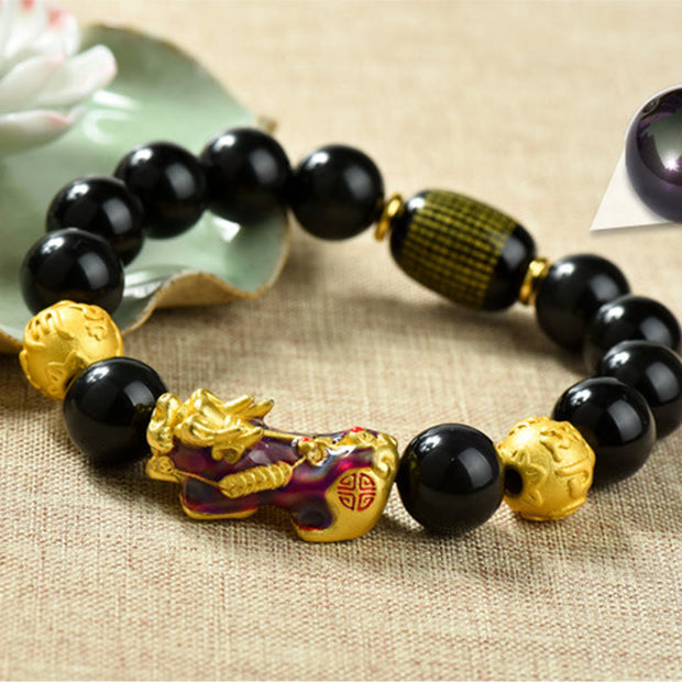 Buddha Stones Fengshui Copper Pixiu Rainbow Obsidian Beads Wealth Bracelet - Om Mani Padme Hum & Color-changing Pixiu(Wrist circumference:18-19cm) - image 10