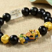 Buddha Stones Fengshui Copper Pixiu Rainbow Obsidian Beads Wealth Bracelet - Om Mani Padme Hum & Fu Character & Color-changing Pixiu(Wrist circumference:18-19cm) - image 1