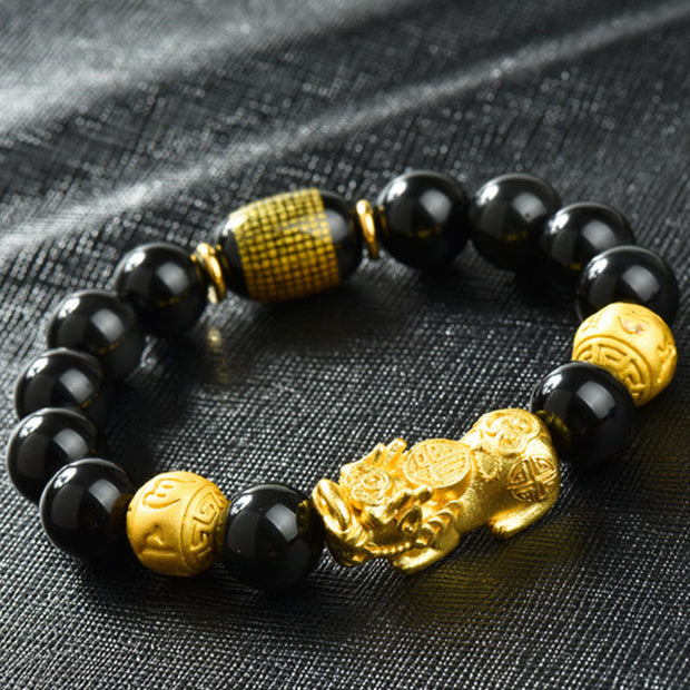 Buddha Stones Fengshui Copper Pixiu Rainbow Obsidian Beads Wealth Bracelet - Copper Coins & Fu Character & Brass Pixiu(Wrist circumference:18-19cm) - image 26