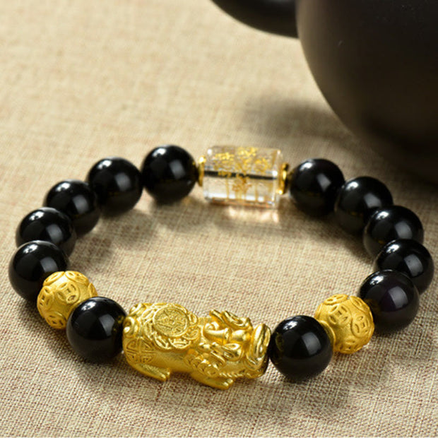 Buddha Stones Fengshui Copper Pixiu Rainbow Obsidian Beads Wealth Bracelet - Copper Coins & Fortune & Brass Pixiu(Wrist circumference:18-19cm) - image 18