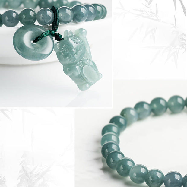 Buddha Stones Blue Jade Peace Buckle Lucky Cat Prosperity Bracelet - image 9