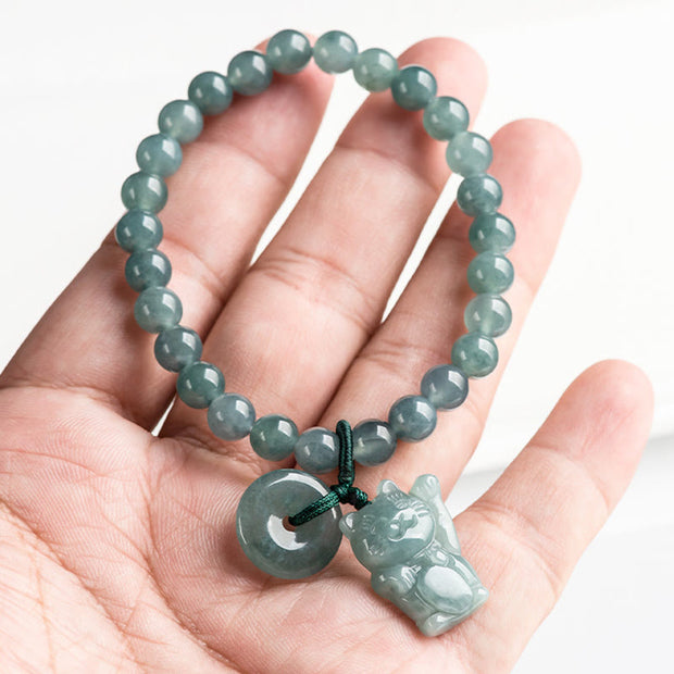 Buddha Stones Blue Jade Peace Buckle Lucky Cat Prosperity Bracelet - image 4