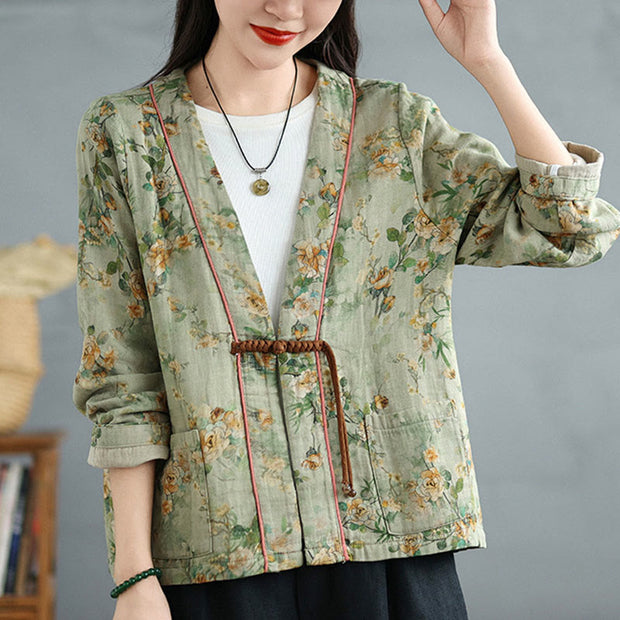Buddha Stones Printing Floral Frog-Button Open Front Cardigan Cotton Linen Jacket With Pockets - LightGreen - US12，UK/AU16，EU44 (2XL) - image 12