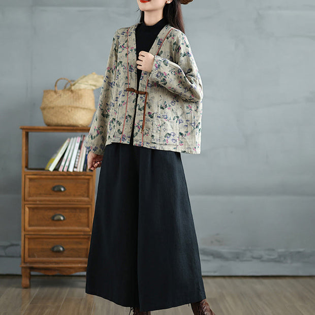 Buddha Stones Printing Floral Frog-Button Open Front Cardigan Cotton Linen Jacket With Pockets - image 6