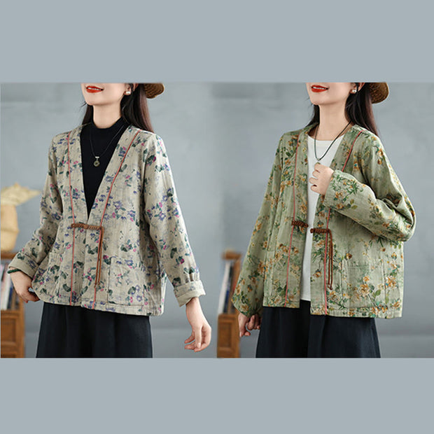 Buddha Stones Printing Floral Frog-Button Open Front Cardigan Cotton Linen Jacket With Pockets - image 17