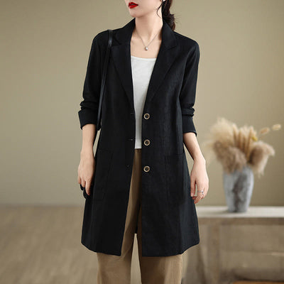Buddha Stones Casual Fall Buttons Design Lapel Women's Cotton Linen Coat With Pockets - Black - US8-10，UK/AU12-14，EU40-42 (2XL) - image 1