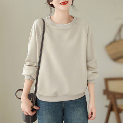 Buddha Stones Fall Plain Crew Neck Cotton Pullover Women's Sweatshirt  - AntiqueWhite - US14，UK/AU18，EU46 (2XL) - image 1