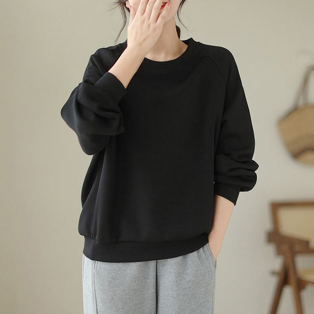 Buddha Stones Fall Plain Crew Neck Cotton Pullover Women's Sweatshirt  - Black - US14，UK/AU18，EU46 (2XL) - image 8