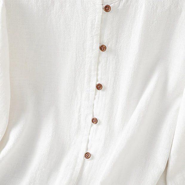 Buddha Stones Spring Solid Color Simple Hem Slit Design Cotton Linen Women's Shirt - image 15
