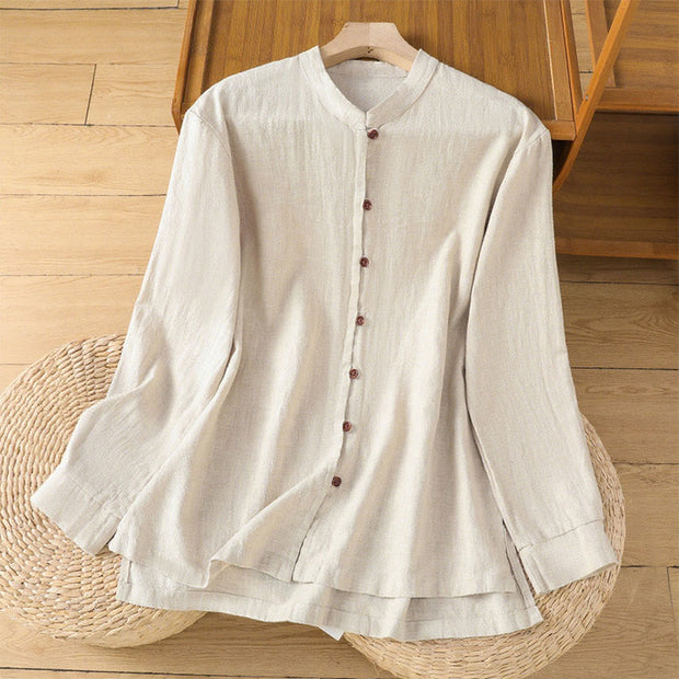 Buddha Stones Spring Solid Color Simple Hem Slit Design Cotton Linen Women's Shirt - Linen - US14，UK/AU18，EU46 (2XL) - image 1