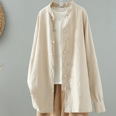 Buddha Stones Women's Solid Color Simple Chinese Frog-Button Design Cotton Linen Shirt - Beige - US14，UK/AU18，EU46 (2XL) - image 1