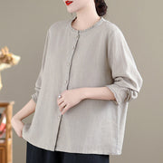 Buddha Stones Spring Solid Color Buttons Design Ruffled Crew Neck Women's Cotton Linen Shirt - image 10