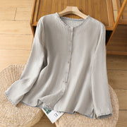 Buddha Stones Spring Solid Color Buttons Design Ruffled Crew Neck Women's Cotton Linen Shirt - Silver - US14，UK/AU18，EU46 (2XL) - image 6