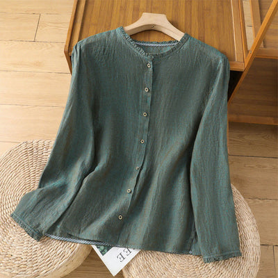 Buddha Stones Spring Solid Color Buttons Design Ruffled Crew Neck Women's Cotton Linen Shirt - SeaGreen - US14，UK/AU18，EU46 (2XL) - image 1