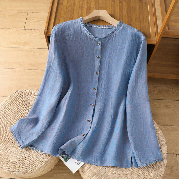 Buddha Stones Spring Solid Color Buttons Design Ruffled Crew Neck Women's Cotton Linen Shirt - CornflowerBlue - US14，UK/AU18，EU46 (2XL) - image 17