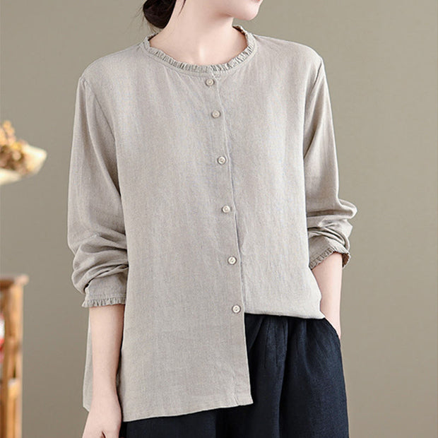 Buddha Stones Spring Solid Color Buttons Design Ruffled Crew Neck Women's Cotton Linen Shirt - image 11