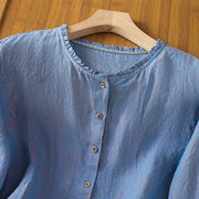 Buddha Stones Spring Solid Color Buttons Design Ruffled Crew Neck Women's Cotton Linen Shirt - image 18
