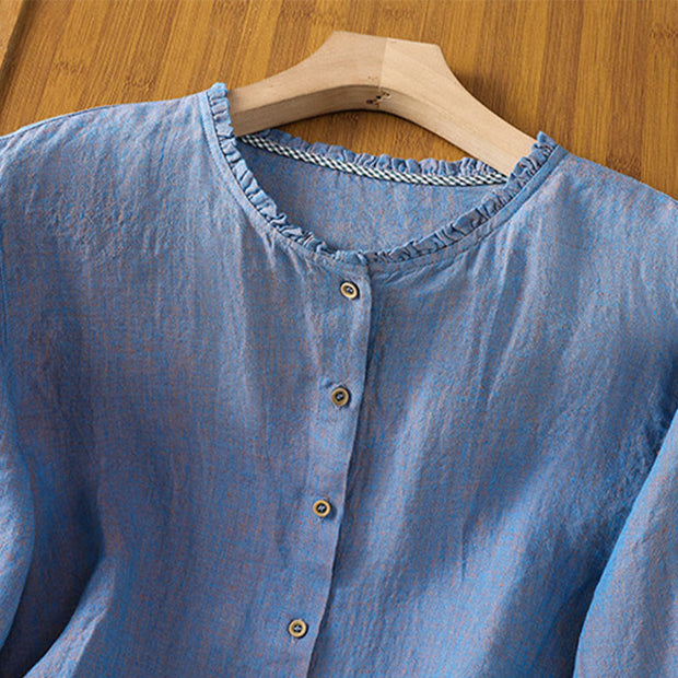 Buddha Stones Spring Solid Color Buttons Design Ruffled Crew Neck Women's Cotton Linen Shirt - image 18