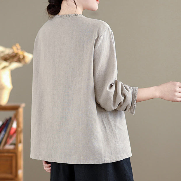Buddha Stones Spring Solid Color Buttons Design Ruffled Crew Neck Women's Cotton Linen Shirt - image 8