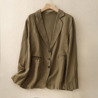 Buddha Stones Commute Retro Pure Color Lapel Cotton Linen Women's Jacket With Pockets - DarkGoldenrod - US14，UK/AU18，EU46 (2XL) - image 1