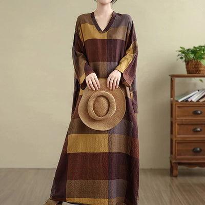 Buddha Stones Spliced Plaid Pattern Cotton Linen Women's Maxi Dress With Pockets - SaddleBrown - US4-12，UK/AU8-16，EU36-44 (F) - image 1