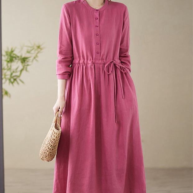 Buddha Stones Casual Plain Crew Neck Lace-up Cotton Linen Midi Dress With Pockets - image 4