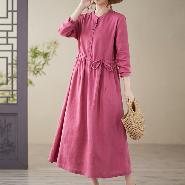 Buddha Stones Casual Plain Crew Neck Lace-up Cotton Linen Midi Dress With Pockets - PaleVioletRed - US8-10，UK/AU12-14，EU40-42 (2XL) - image 1