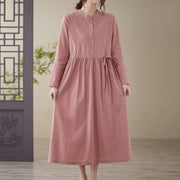Buddha Stones Casual Plain Crew Neck Lace-up Cotton Linen Midi Dress With Pockets - image 16