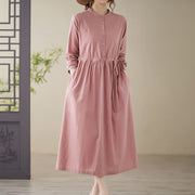 Buddha Stones Casual Plain Crew Neck Lace-up Cotton Linen Midi Dress With Pockets - Pink - US8-10，UK/AU12-14，EU40-42 (2XL) - image 12