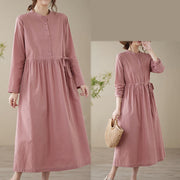 Buddha Stones Casual Plain Crew Neck Lace-up Cotton Linen Midi Dress With Pockets - image 17