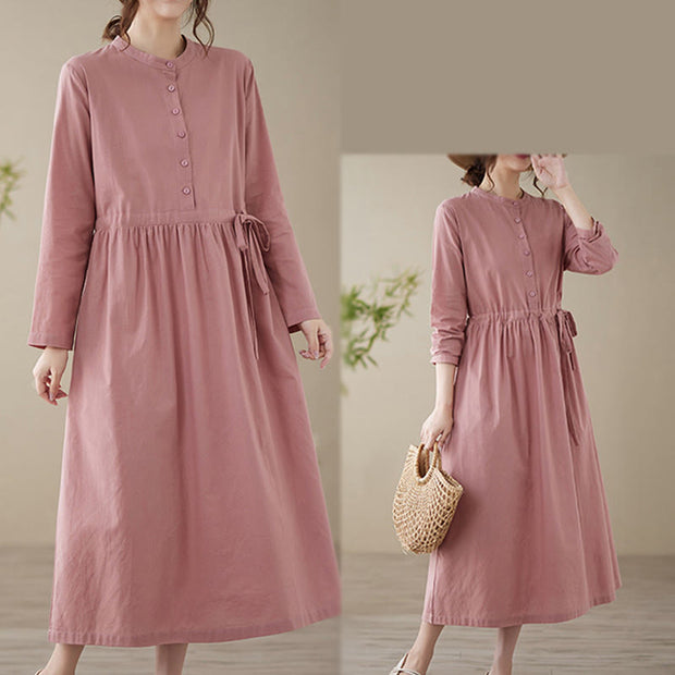 Buddha Stones Casual Plain Crew Neck Lace-up Cotton Linen Midi Dress With Pockets - image 17