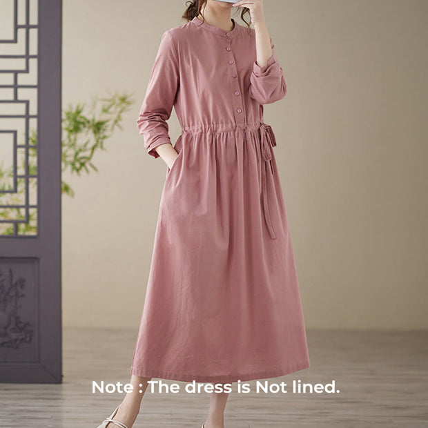 Buddha Stones Casual Plain Crew Neck Lace-up Cotton Linen Midi Dress With Pockets - image 13