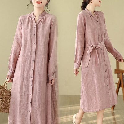 Buddha Stones Casual Plain Drawstring Button Cotton Linen Midi Dress With Pockets - Pink - US8-10，UK/AU12-14，EU40-42 (2XL) - image 1