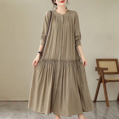 Buddha Stones Casual Plain Crew Neck Pleated Polyester Midi Dress With Pockets - Tan - US4-6，UK/AU8-10，EU36-38 (F) - image 1