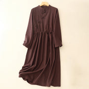 Buddha Stones Casual Plain Frog-button Cotton Midi Dress With Pockets - DarkRed - US8-10，UK/AU12-14，EU40-42 (2XL) - image 1