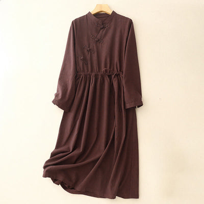 Buddha Stones Casual Plain Frog-button Cotton Midi Dress With Pockets - DarkRed - US8-10，UK/AU12-14，EU40-42 (2XL) - image 1