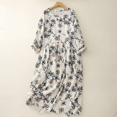 Buddha Stones Casual Small Floral Pattern Crew Neck Cotton Linen Midi Dress With Pockets - FloralWhite - US8-10，UK/AU12-14，EU40-42 (2XL) - image 1