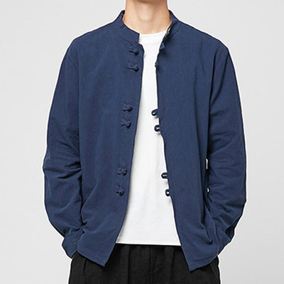 Buddha Stones Men's Frog-Button Dragon Pattern Cuffs Cotton Long Sleeve Shirt - Navy - US/UK/AU46，EU56 (5XL) - image 1