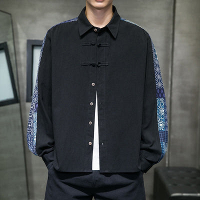Buddha Stones Men's Flower Pattern Stitching Cotton Blend Long Sleeve Shirt - Black - US/UK/AU50，EU60 (5XL) - image 1