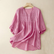 Buddha Stones Casual Plain Loose Women's V-Neck Design Half Sleeve Cotton Shirt - PaleVioletRed - US8-10，UK/AU12-14，EU40-42 (2XL) - image 25