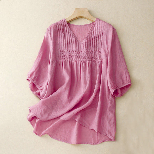 Buddha Stones Casual Plain Loose Women's V-Neck Design Half Sleeve Cotton Shirt - PaleVioletRed - US8-10，UK/AU12-14，EU40-42 (2XL) - image 25