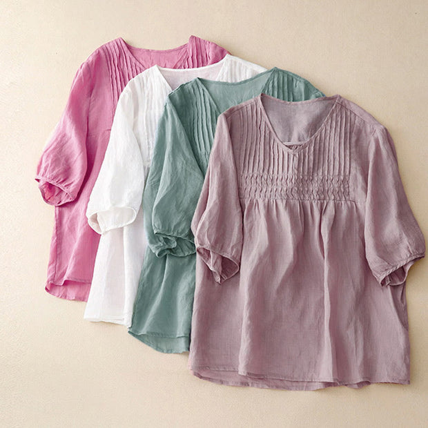 Buddha Stones Casual Plain Loose Women's V-Neck Design Half Sleeve Cotton Shirt - image 31