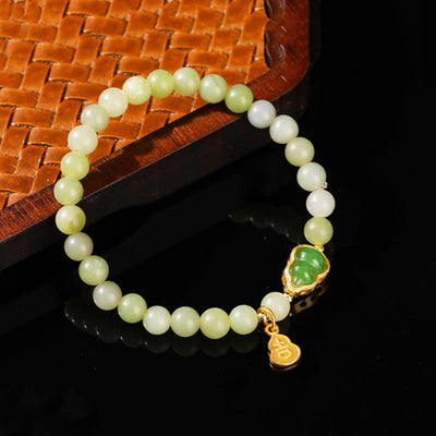 Buddha Stones Natural Jade Green Aventurine Gourd Fu Character Luck Bracelet - Jade(Wrist Circumference: 14-16cm) - image 1