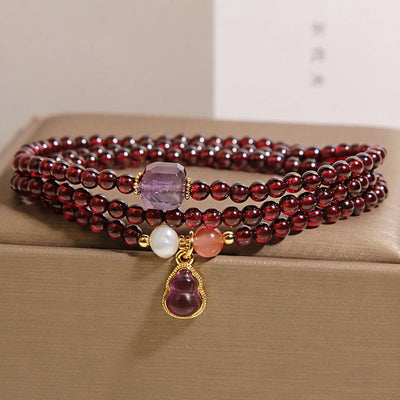 Buddha Stones Natural Garnet Amethyst Gourd Protection Multi-Layer Bracelet - Garnet(Wrist Circumference: 14-15cm) - image 1