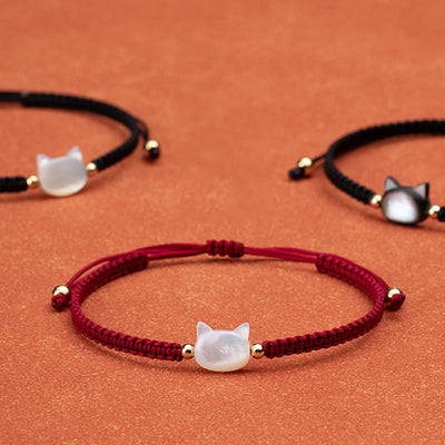Buddha Stones Faceless Cat Head Red String Shell Connection Bracelet - Black Cat Black String - image 1