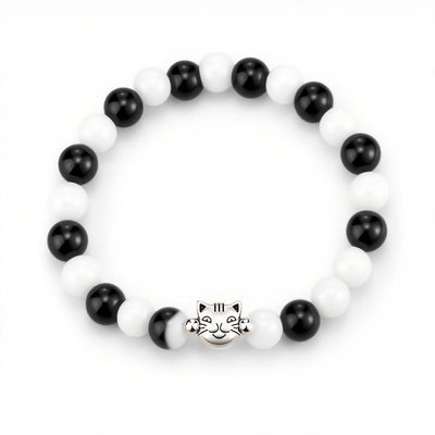 Buddha Stones Cute Cat Natural Black Obsidian White Chalcedony Practicality Bead Bracelet - Black Obsidian(Wrist Circumference: 18.5cm) - image 1