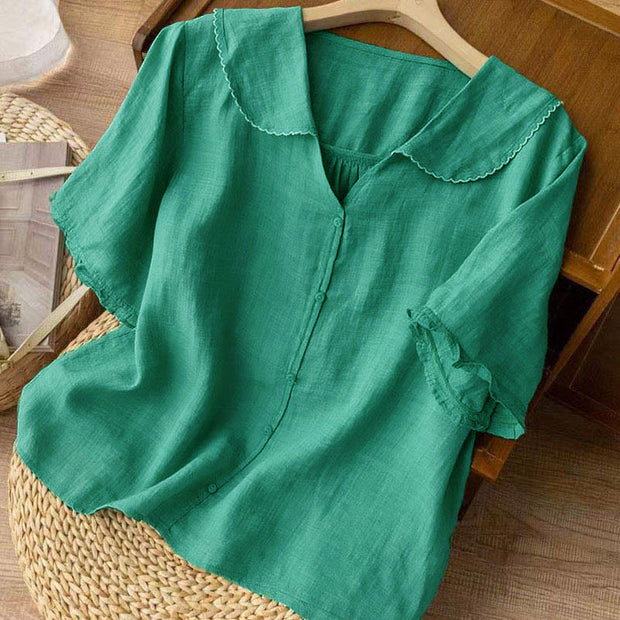 Buddha Stones Casual Plain Button Half Sleeve Middy Collar Cotton Women's Shirt - image 2