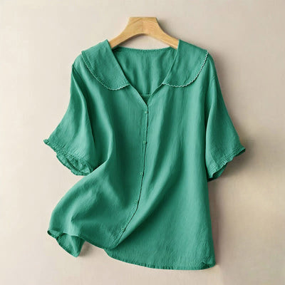 Buddha Stones Casual Plain Button Half Sleeve Middy Collar Cotton Women's Shirt - SeaGreen - US12，UK/AU16，EU44 (2XL) - image 1