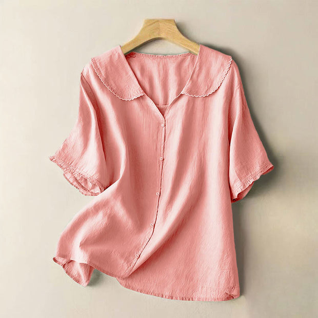 Buddha Stones Casual Plain Button Half Sleeve Middy Collar Cotton Women's Shirt - LightPink - US12，UK/AU16，EU44 (2XL) - image 24